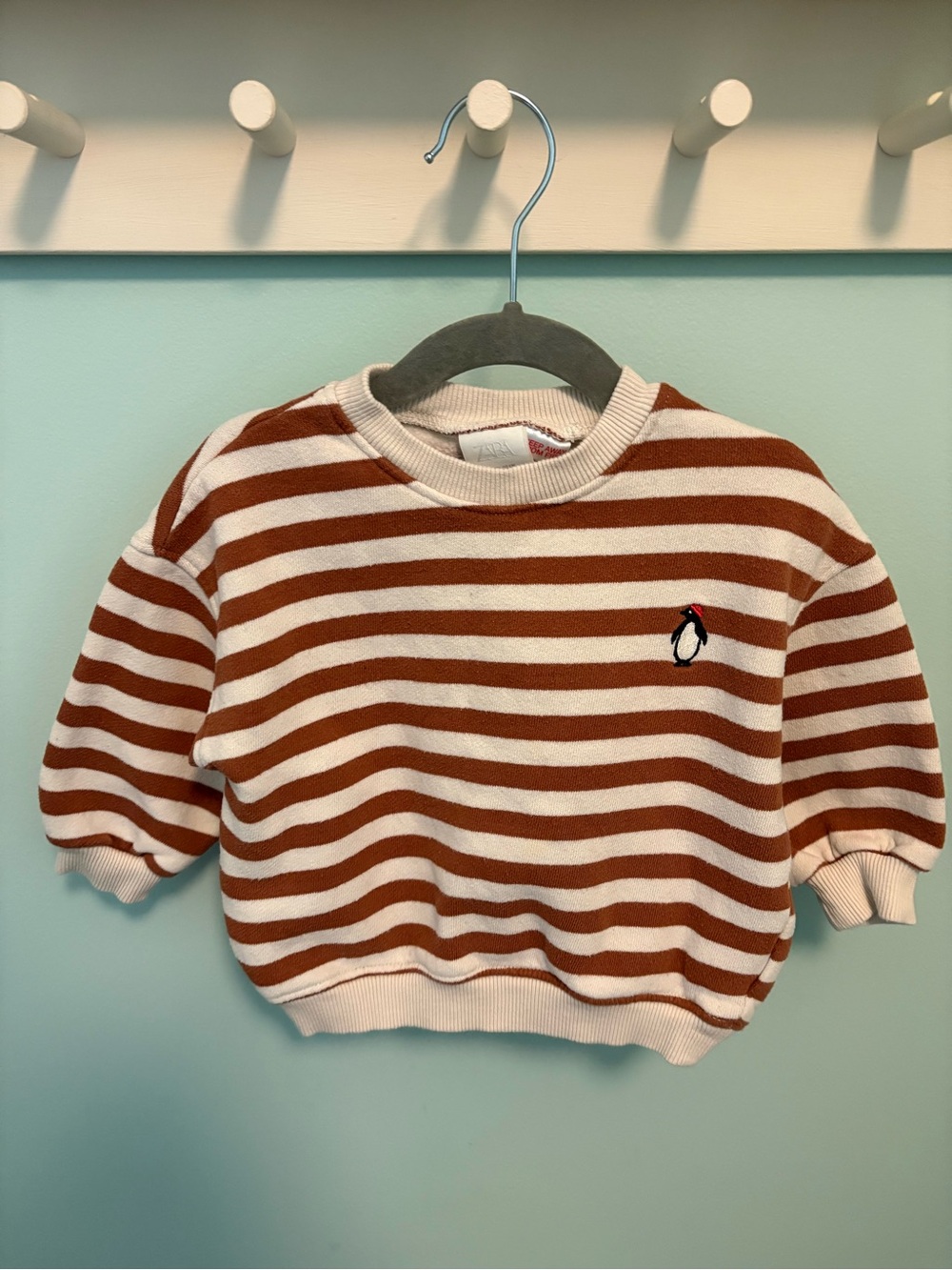 Zara Striped Brown & Cream Kids Sweater with Penguin Embroidery